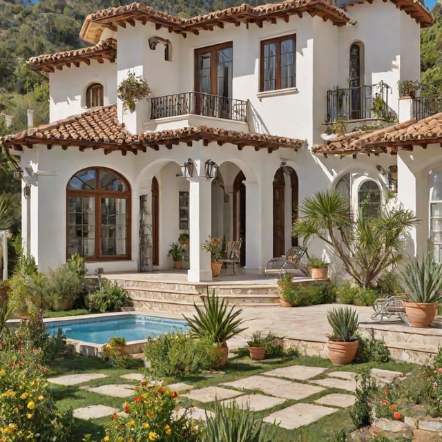 Mediterranean-style house with a lush garden and a swimming pool