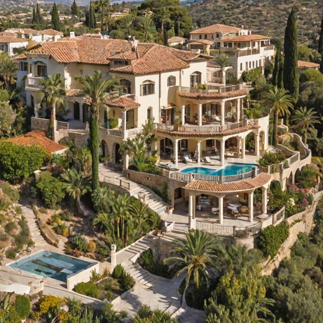 Mediterranean-style house with a large swimming pool and lush garden. The house is surrounded by palm trees and has a stunning view of the ocean.