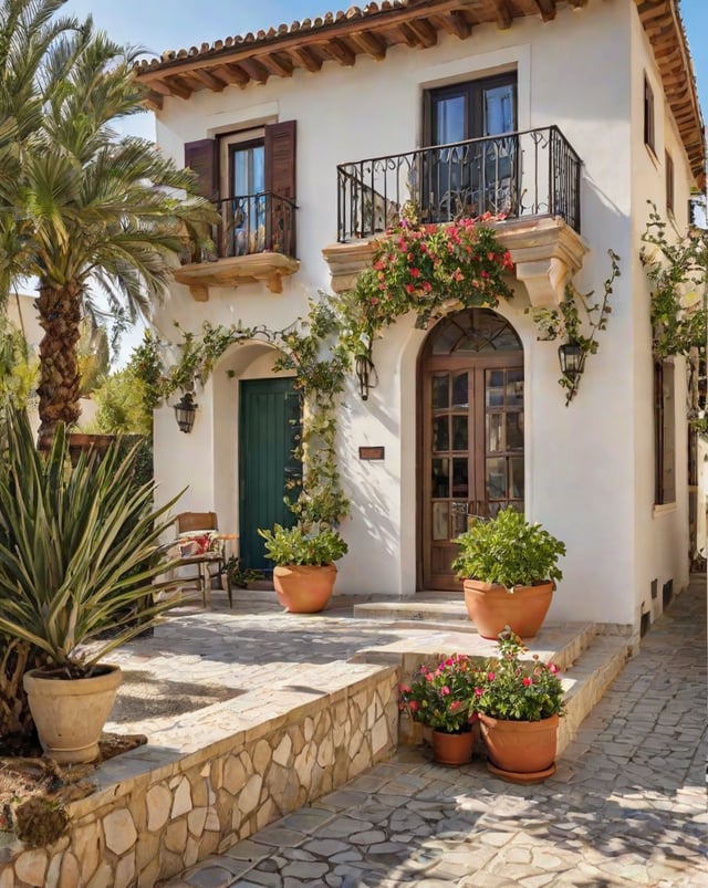 A Mediterranean-style house with a beautiful garden and a balcony. The house has a white exterior with green doors and windows. The garden features a variety of potted plants, including palm trees, and flowers. The balcony is adorned with flowers, adding to the overall charm of the house.