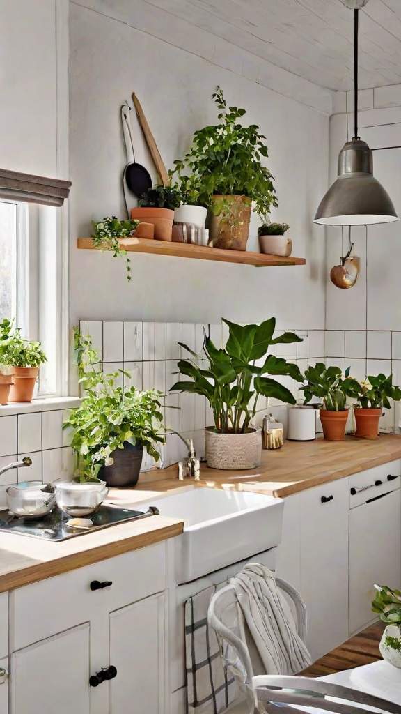 Modern kitchen with a white countertop and several potted plants arranged on it.