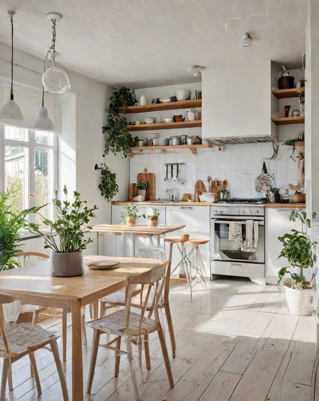 Modern kitchen with a dining table, chairs, and potted plants
