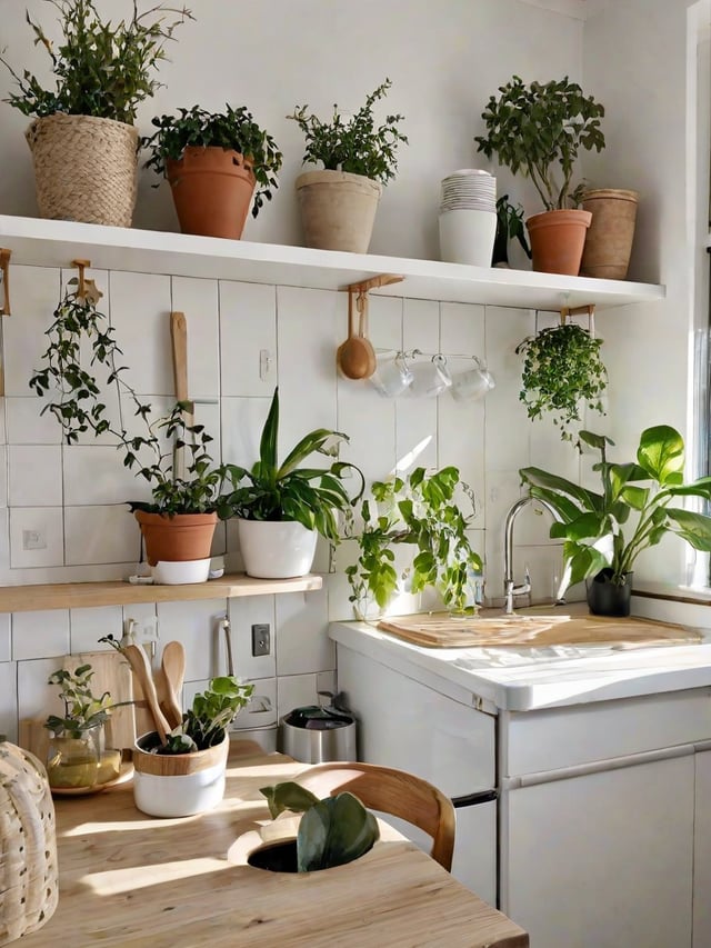 A kitchen with a sink and a shelf full of potted plants and utensils.