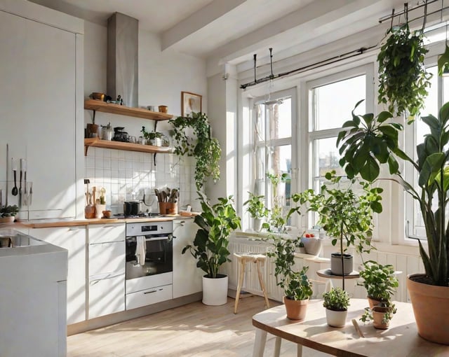 A kitchen with a window and plants growing in it.