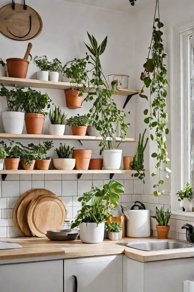 A collection of potted plants on a shelf, including a variety of green plants and succulents. The plants are arranged in a visually appealing manner, creating a sense of harmony and balance. The shelf is located in a kitchen, adding a touch of nature to the space. The plants are well-cared for and thriving, making the shelf a focal point in the room.