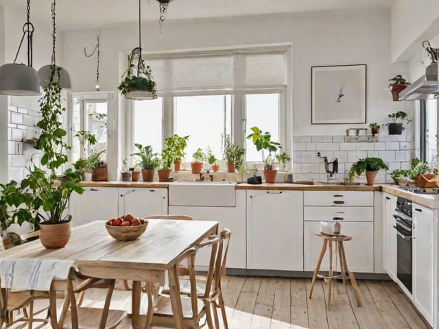 A kitchen with a wooden dining table filled with potted plants and fruit. The table is surrounded by chairs and the kitchen has white cabinets and a countertop.