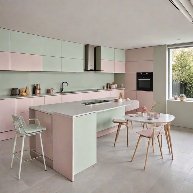 A kitchen with a white counter, pink cabinets, and a window. The kitchen is empty and clean.