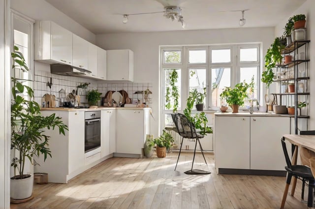 A modern kitchen with white cabinets, a large window, and many potted plants.
