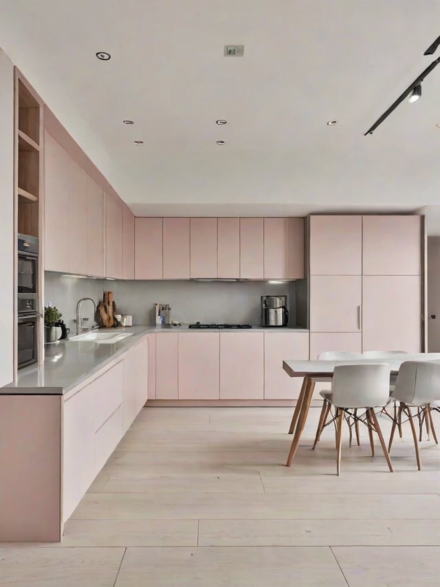 A kitchen with a white table and chairs, pink cabinets, and a sink.