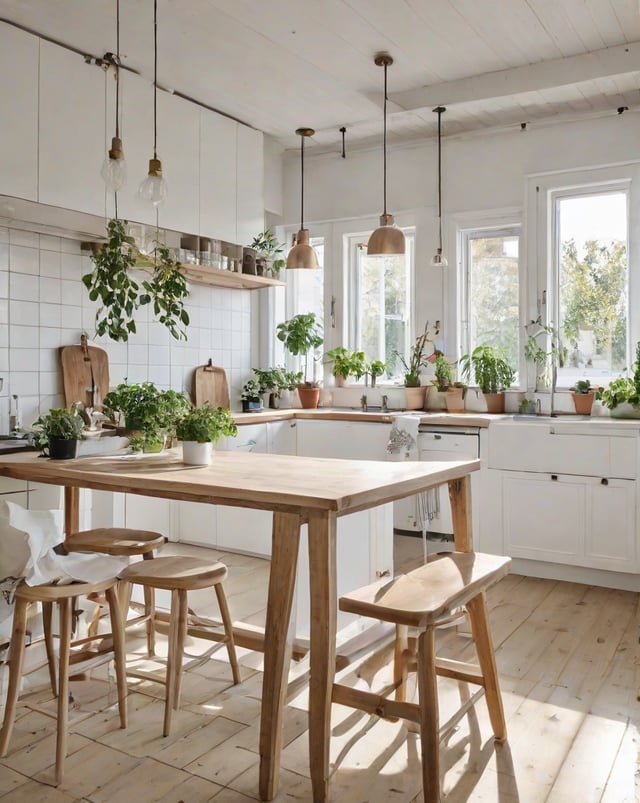 A modern kitchen with a wooden dining table and chairs, surrounded by potted plants.