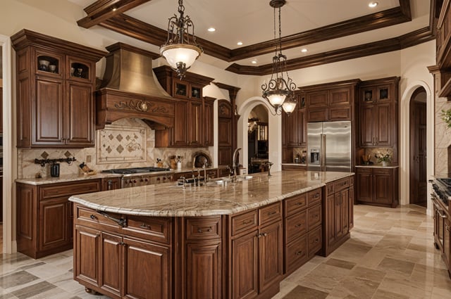 A kitchen with wooden cabinets and granite countertops. - Design Ideas AI