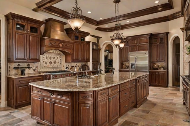A kitchen with wooden cabinets and granite countertops. The kitchen features a center island and stainless steel appliances. The lighting is dim, creating a warm atmosphere.