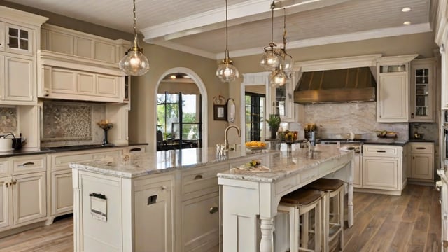 A kitchen with a center island, sink, and marble countertop. The lights are hanging from the ceiling, and there are chairs around the island.