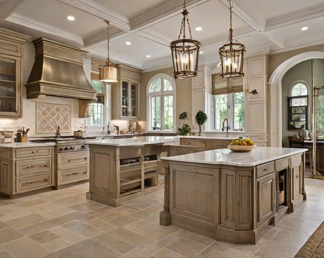 A large, traditional kitchen with a center island and a sink. The kitchen is well-lit and features a marble countertop. There are two hanging lights above the island, adding to the elegant atmosphere.