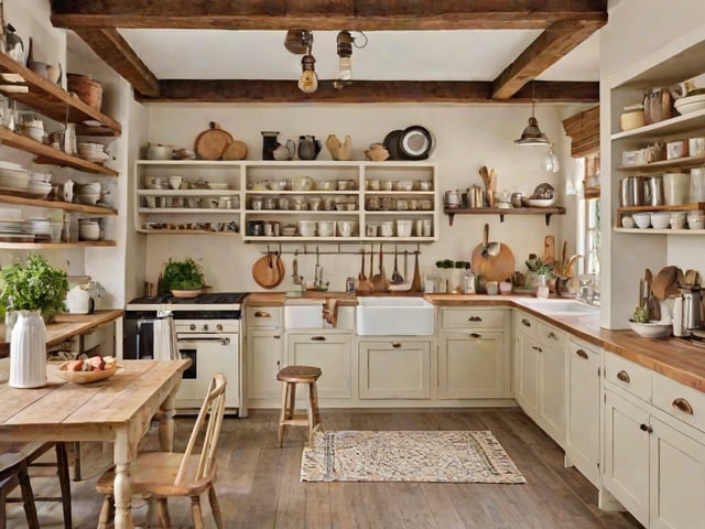 A kitchen with wooden cabinets and a stove top oven. The cabinets are white and the countertops are light brown. The kitchen is well-organized and has a variety of cooking utensils and dishes on display.