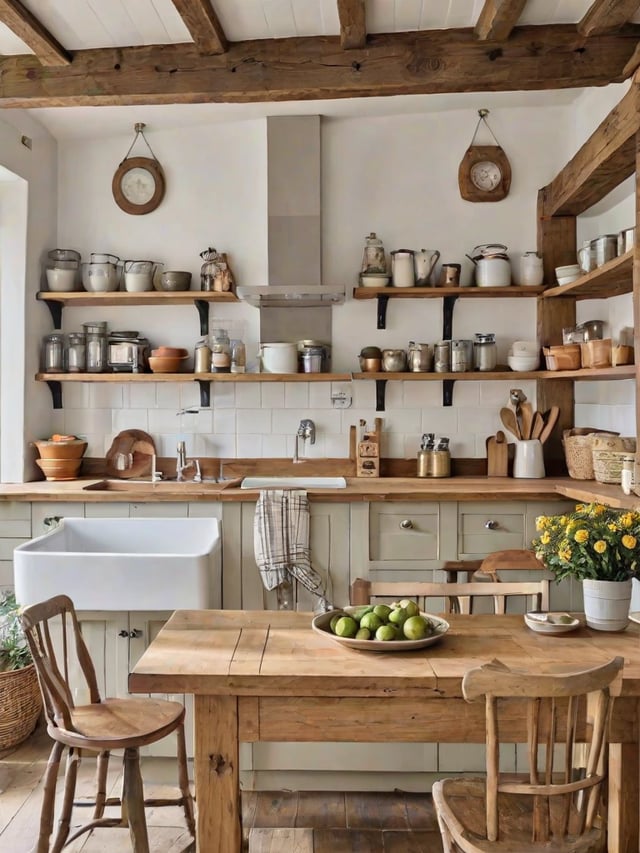 Farmhouse style kitchen with wooden cabinets and shelves, wooden chairs, and a vase of flowers on the counter.