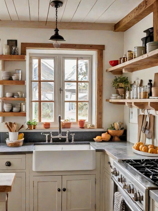 Farmhouse style kitchen with a white sink, window, and wooden cabinets and shelves.