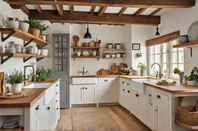 A large farmhouse kitchen with wooden cabinets and white appliances.
