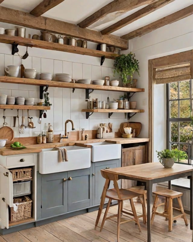 Farmhouse style kitchen with wooden cabinets, sink, dining table, and various kitchenware items.
