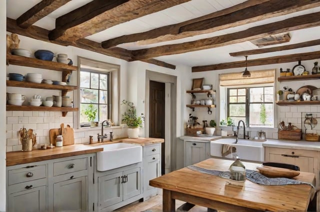 Farmhouse kitchen with wooden floors, white cabinets, and a large window. The kitchen features a sink, a dining table, and a countertop.