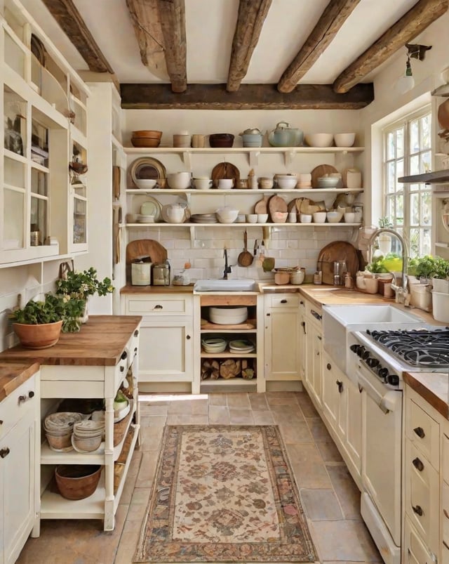 A kitchen with white cabinets and a large number of bowls and pots on the shelves.