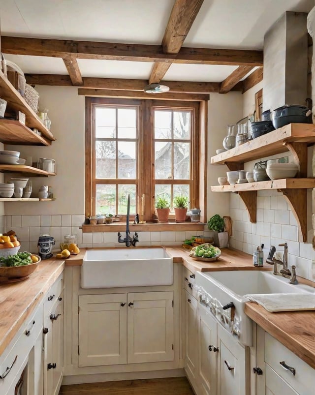 A rustic kitchen with a white sink and wooden cabinets.