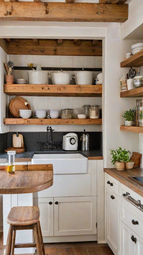 A kitchen with a white sink, wooden cabinets, and a wooden island. The kitchen is well-organized with various items such as pots, pans, and bowls neatly arranged on shelves.