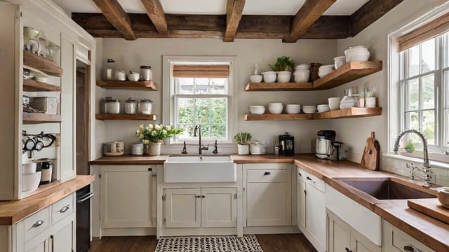 Farmhouse style kitchen with wooden cabinets, white sink, and a window. The kitchen is filled with dishes and features potted plants and vases.