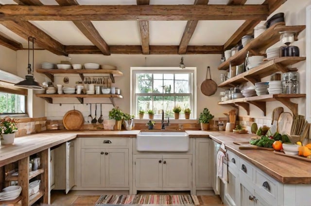 Farmhouse style kitchen with wooden cabinets and shelves filled with dishes and cooking utensils.