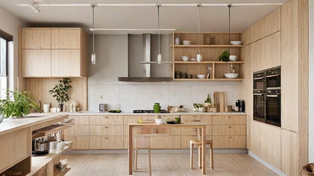 A kitchen with a wooden island and a variety of bowls and pots. The design style is a blend of Japanese and Scandinavian elements.