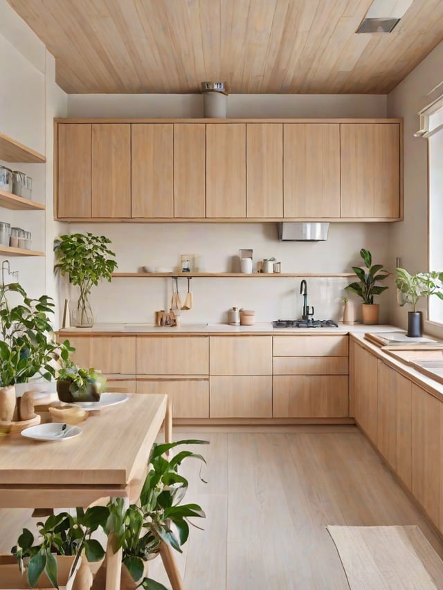 A kitchen with wooden cabinets and a large island, featuring a variety of potted plants and minimal clutter on the countertops.