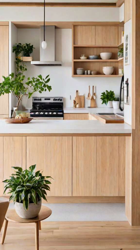 A kitchen with a wooden island and countertop, featuring potted plants and wooden utensils. The design style is japandi.
