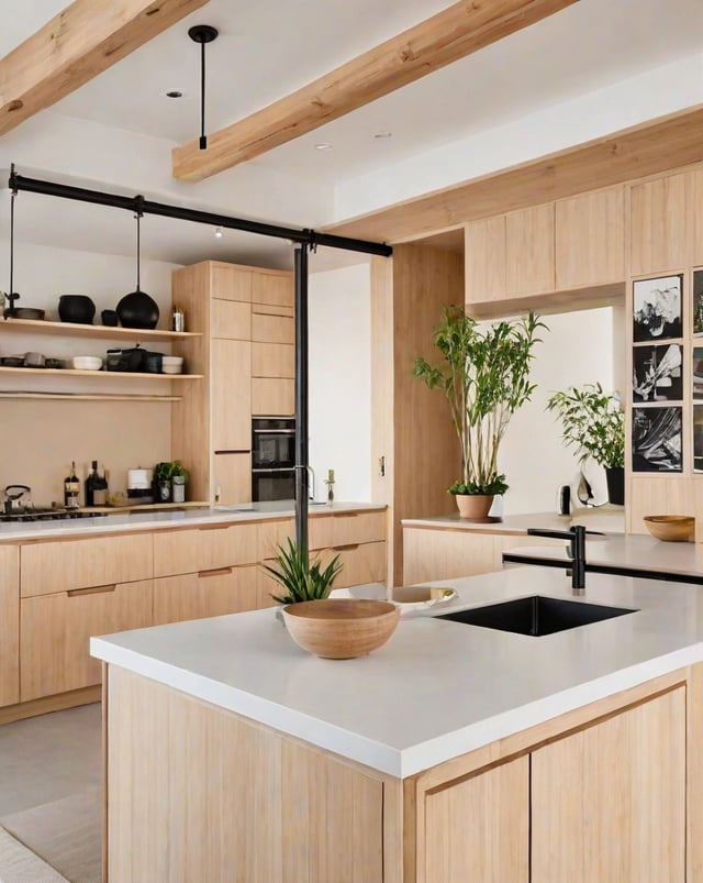 A kitchen with a white countertop, wooden cabinets, and a large island. The kitchen is equipped with a sink, stove, and oven. There are also several potted plants and bottles throughout the space.