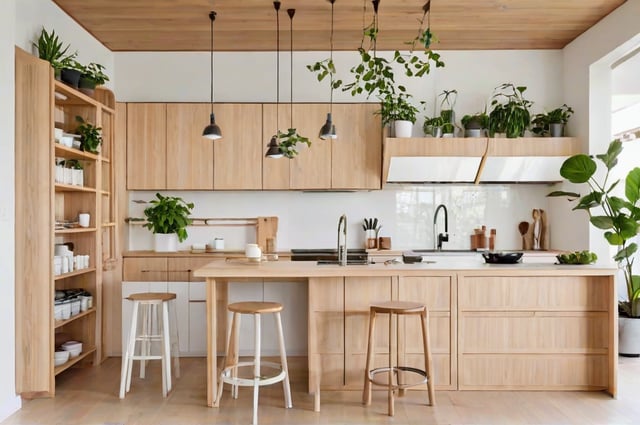 A kitchen with a wooden island and stools, featuring a sink and a counter. The kitchen is decorated with potted plants and hanging lights. The design style is a combination of Japanese and Scandinavian elements, known as Japandi.