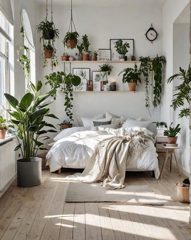 Bedroom with a bed, potted plants, and a clock on the wall.