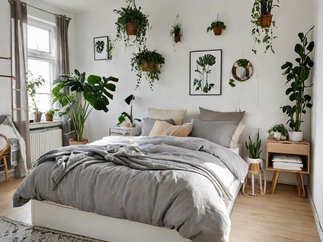 A cozy Scandinavian bedroom with a large bed, grey blanket, and numerous potted plants.