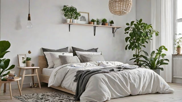 A cozy bedroom with a large bed, grey throw blanket, and multiple potted plants on a shelf.