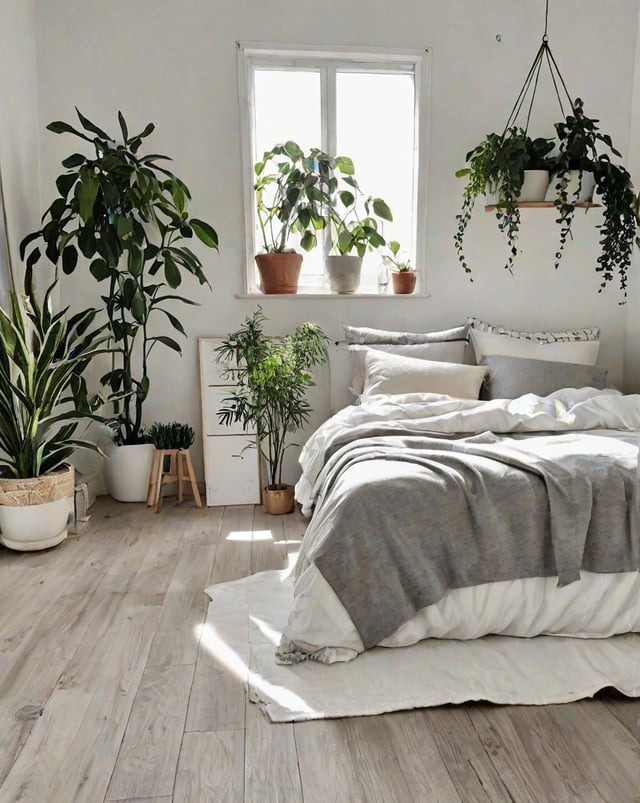 Scandinavian bedroom with a large bed, a window, and several potted plants