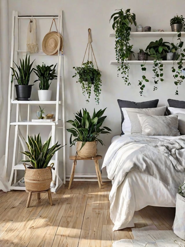 Bedroom with a bed, shelf, and potted plants