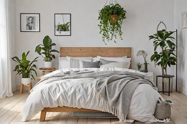 A cozy bedroom with a large bed, wooden headboard, white comforter, and multiple potted plants. The room has a Scandinavian design style.