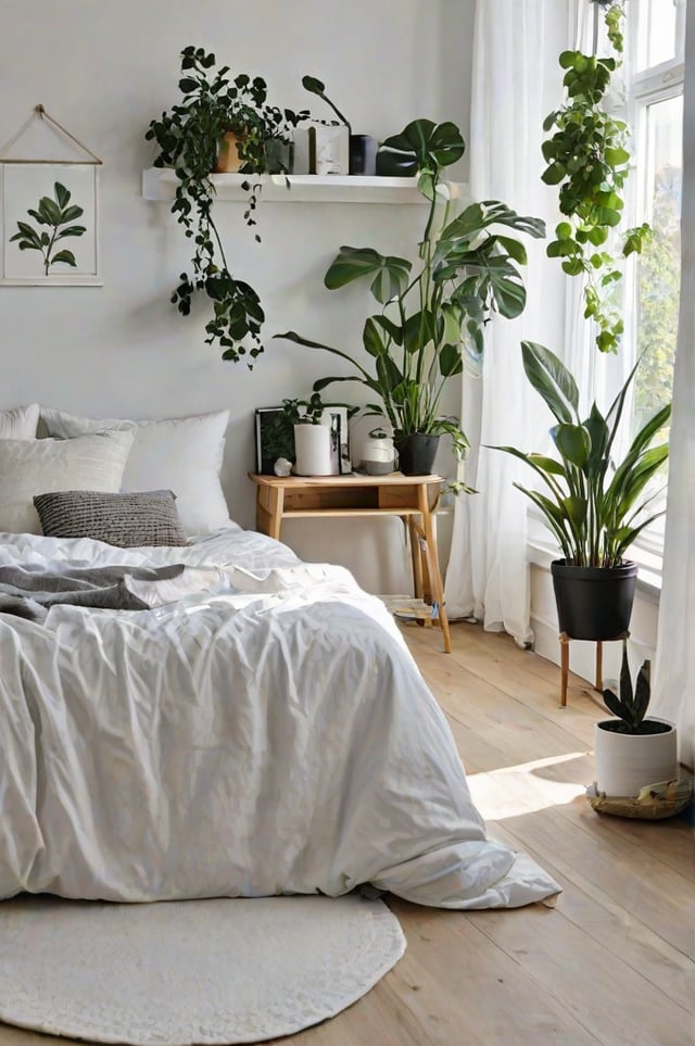 A cozy bedroom with a white bed, a large window, and several potted plants. The room has a Scandinavian design style.