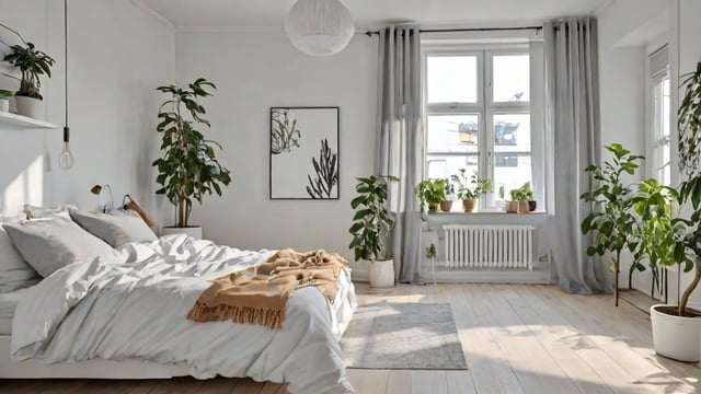 A cozy bedroom with a large bed, a window, and several potted plants. The room has a Scandinavian design, featuring white walls and minimalist decor.