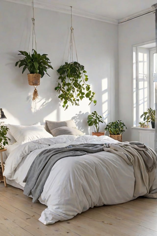 A bedroom with a bed and several potted plants. The bed is covered in white sheets and blankets, and there are hanging plants above it. The room has a Scandinavian design style.
