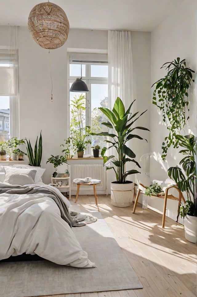 A bedroom with a Scandinavian design style, featuring a large bed, white sheets and blanket, and several potted plants, including a large palm tree.
