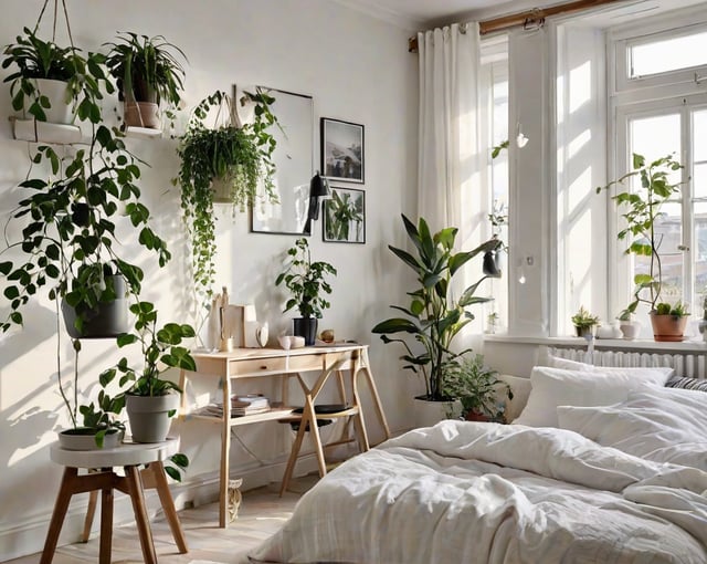 A bedroom with a white bed, Scandinavian design, and numerous potted plants.