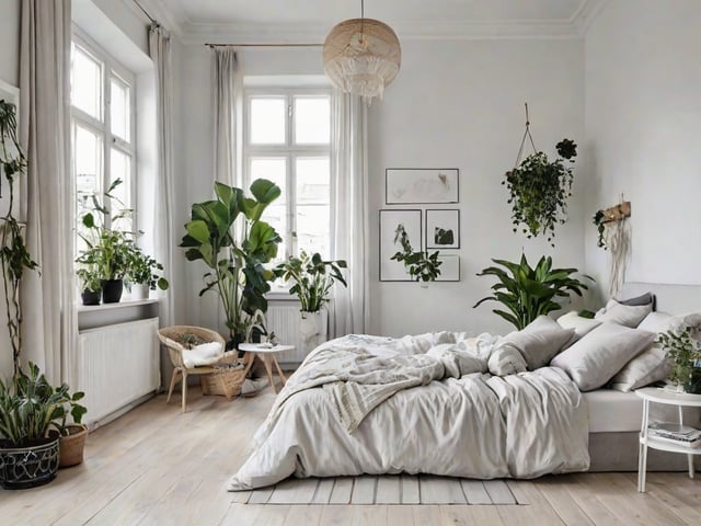 Scandinavian bedroom with a large bed, white sheets, and potted plants.
