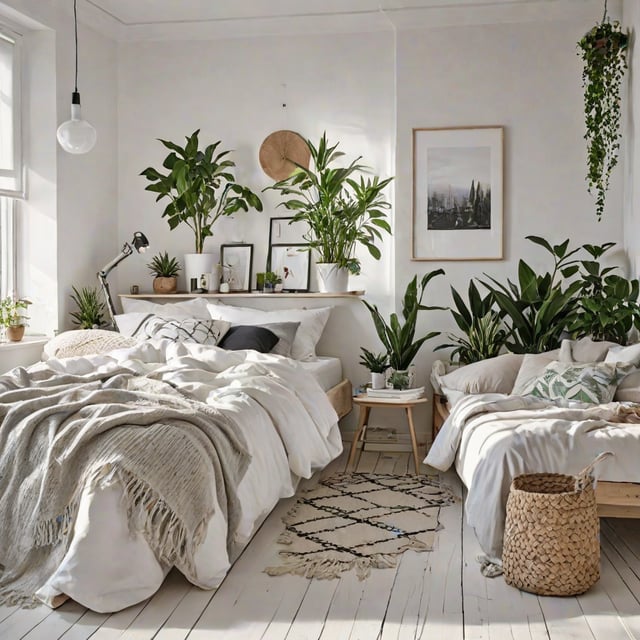 Scandinavian bedroom with two beds, a rug, and potted plants