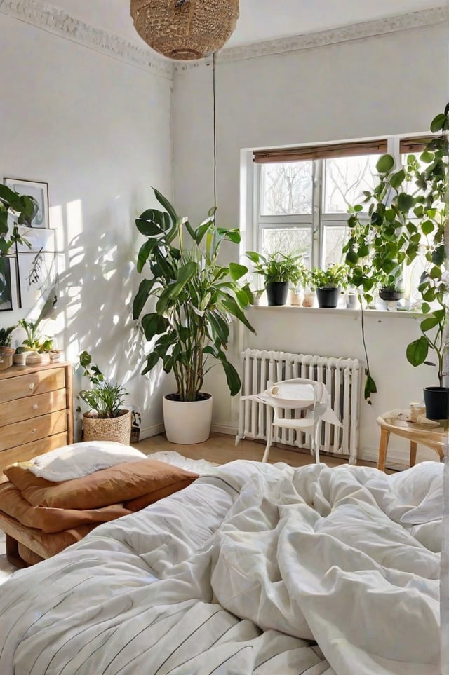 A bedroom with a white bed, radiator, and window, decorated with potted plants in a Scandinavian style.