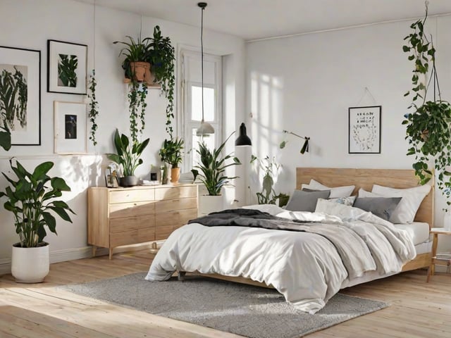 A bedroom with a large bed and several potted plants. The room has a Scandinavian design style.