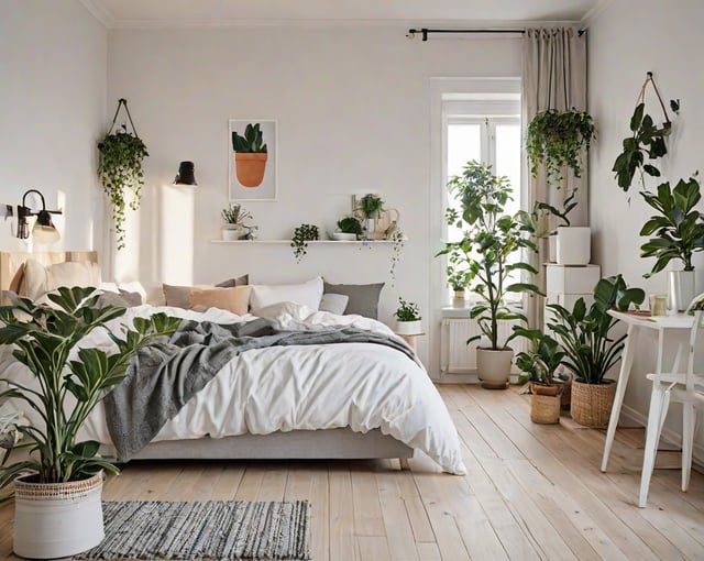 Scandinavian bedroom with a large bed, white comforter, and potted plants