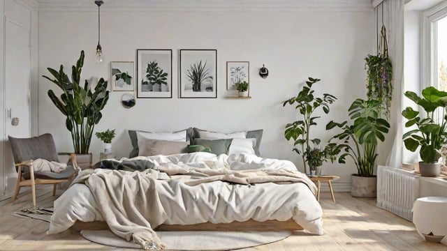 A bedroom with a large bed, white comforter, and green plants surrounding it. The room has a Scandinavian design style.